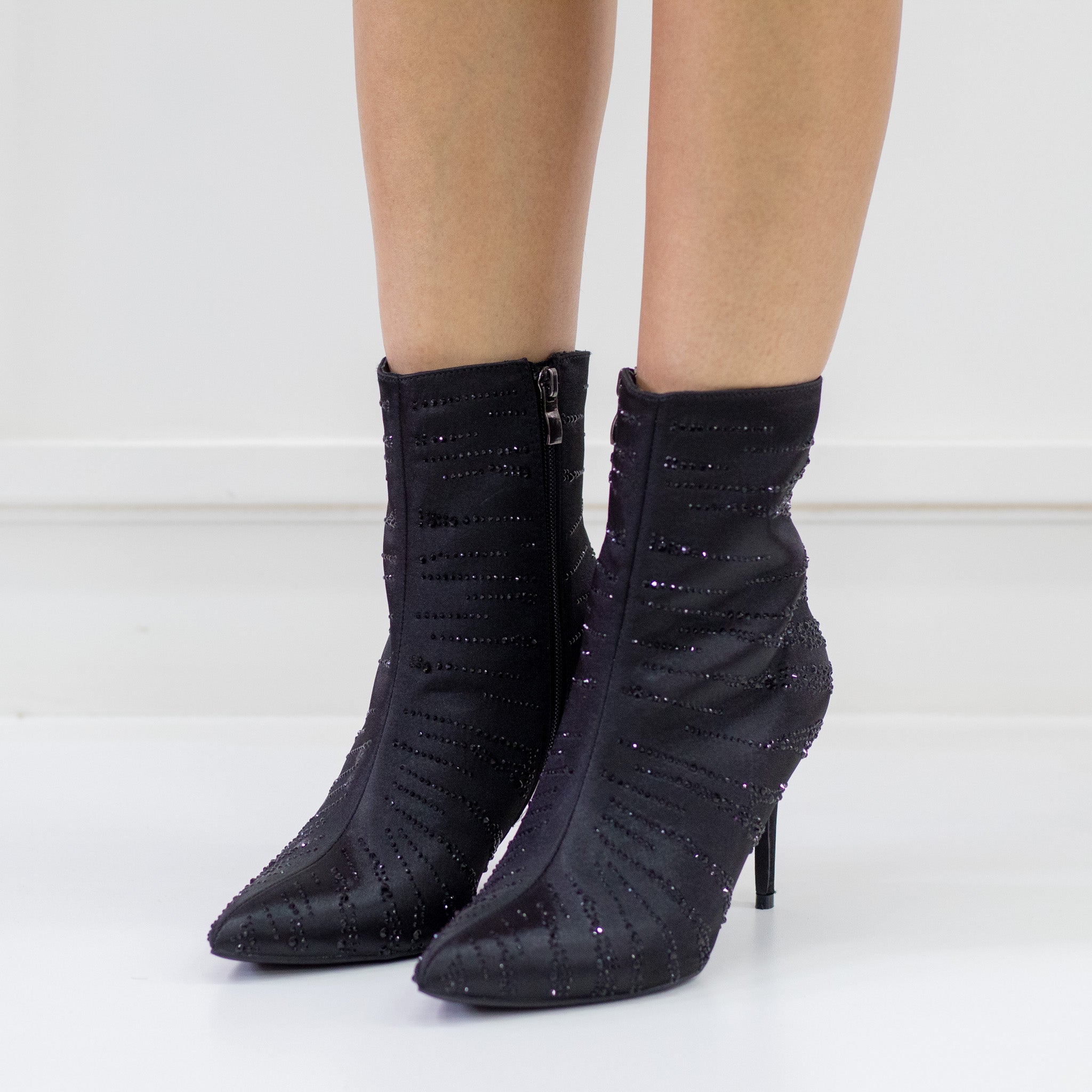 Excel diamante stripped satin 8.5cm heel pointy ankle boot black