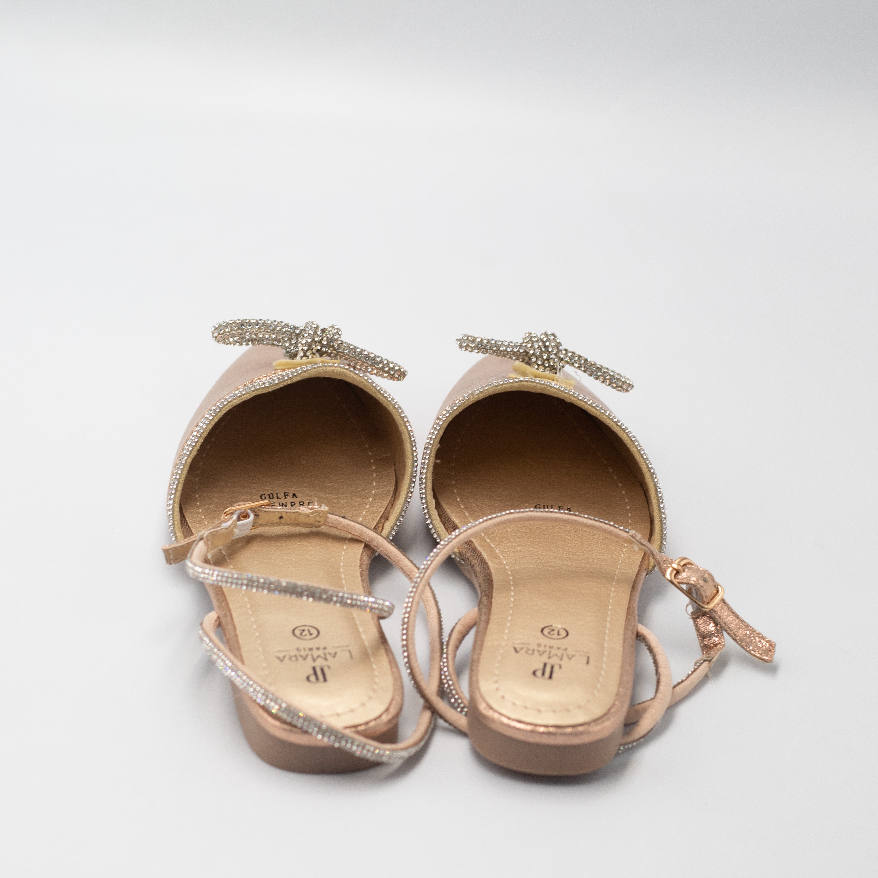 Gulfa girls ankle strap pump with diamante bow rose gold