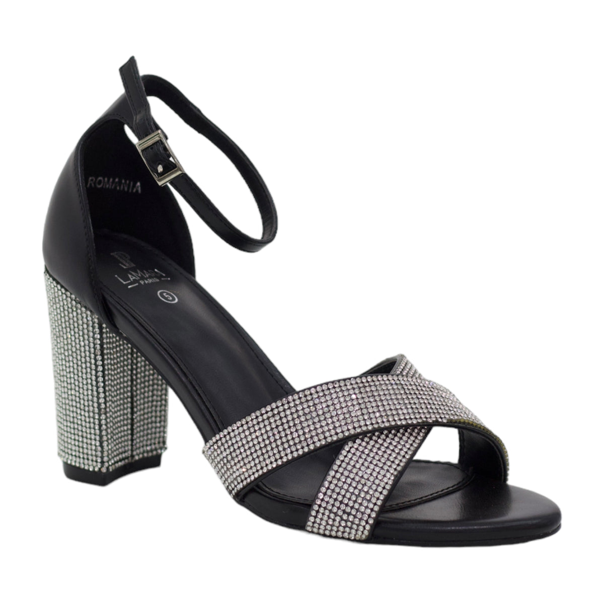 Romania diamante band ankle strap 9cm heel sandal black