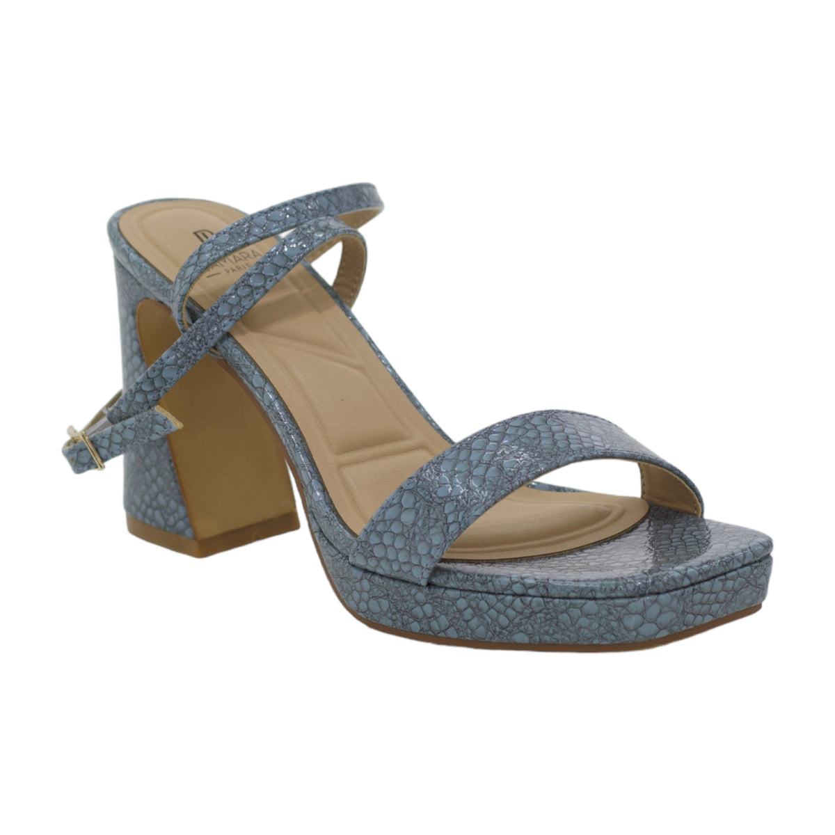 Hachiro snake skin one band ankle strap 9cm heel sandal blue