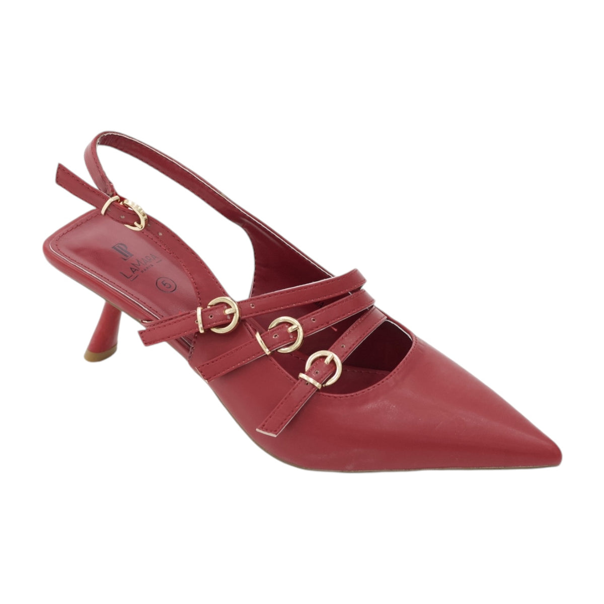 Hilma pointy sling back on a 4cm heel with a twist of side buckles finish