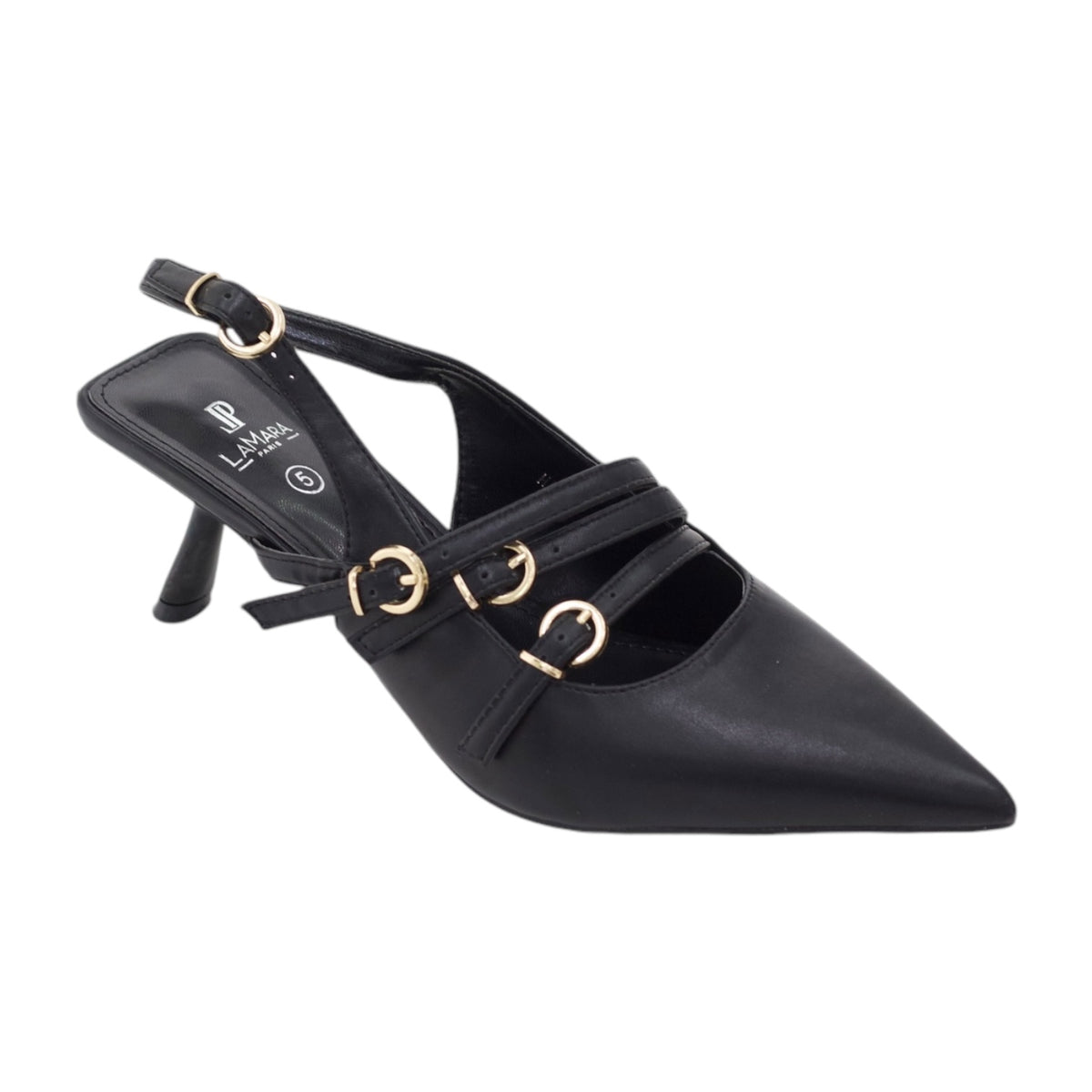 Hilma pointy sling back on a 4cm heel with a twist of side buckles finish