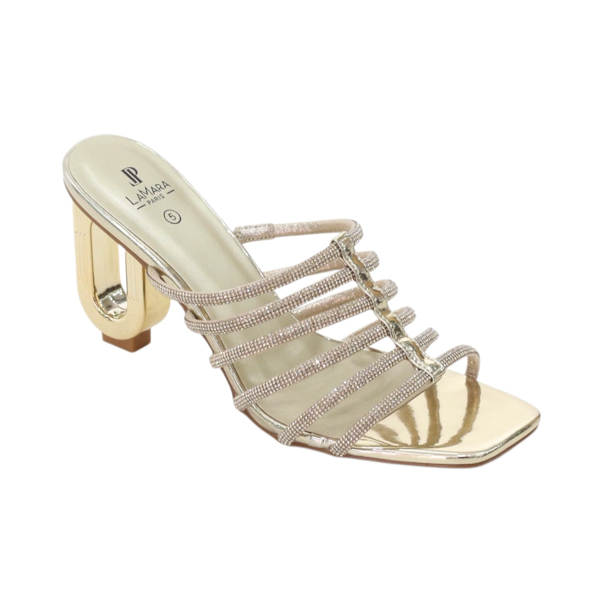 Meadow U shape diamante strappy slide 8.5cm heel