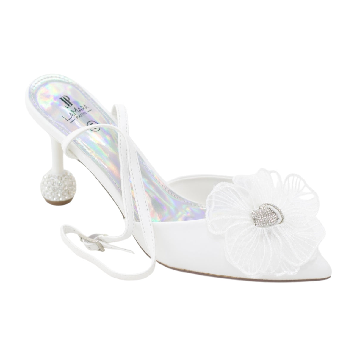 Exit glamour 8cm heel with twist blossom flower finish sling back